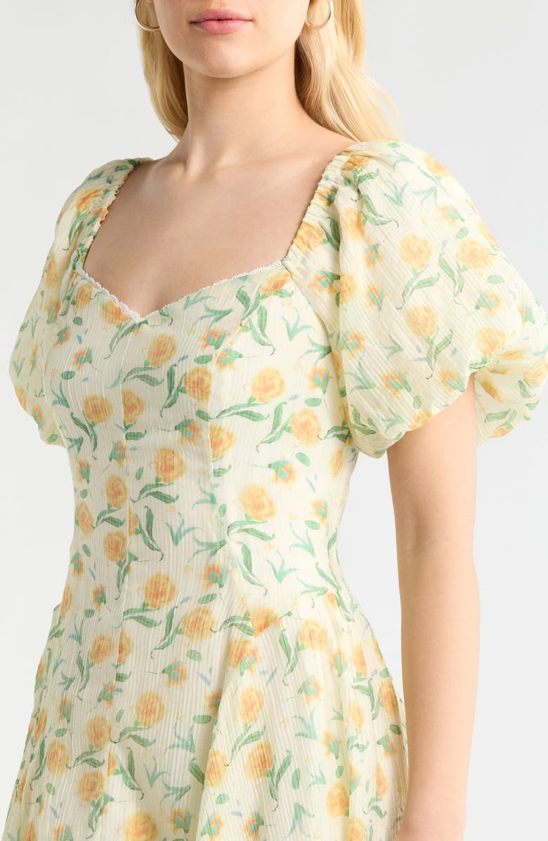 ASTR the Label Mayra Puff Sleeve Midi Dress, Alternate, color, Yellow Multi Floral