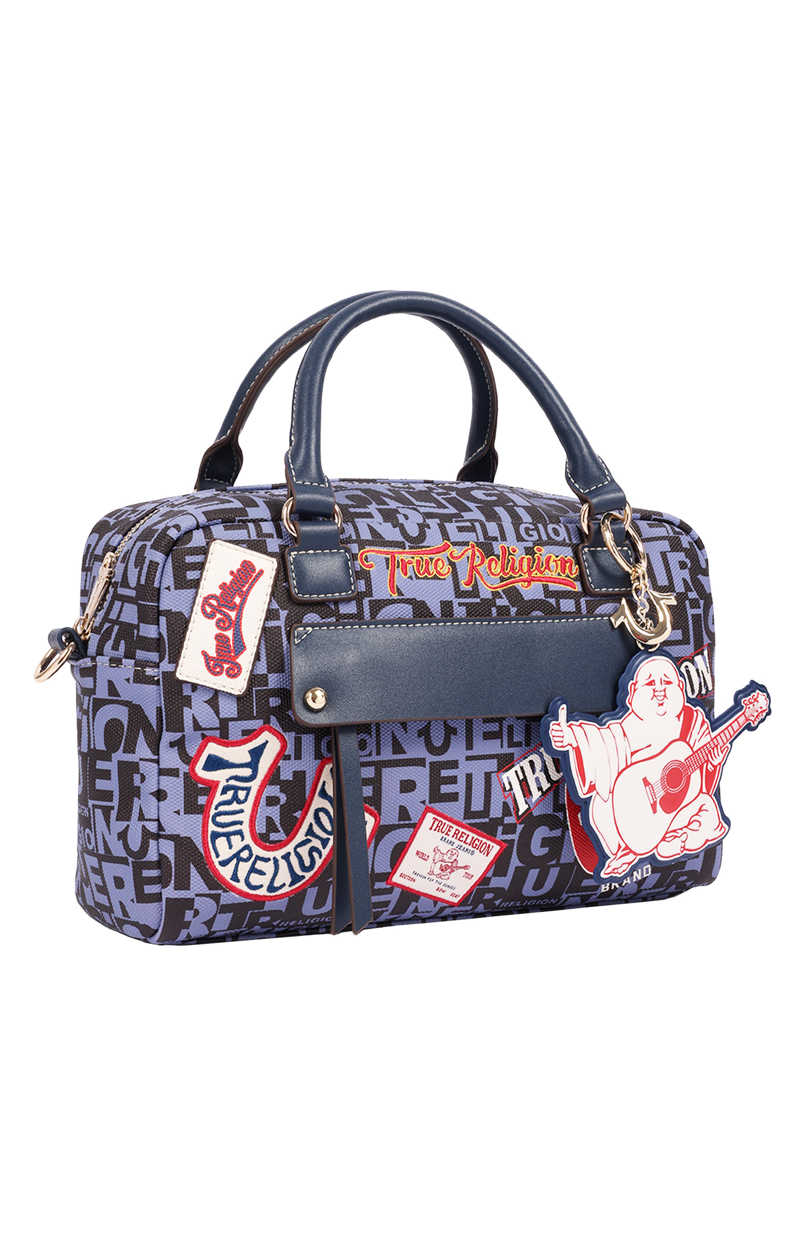 Multi Patch Faux Leather Graphic Satchel, Alternate, color, NAVY