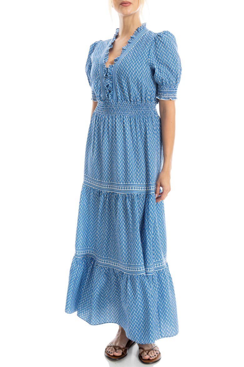 Floral Short Sleeve Tiered Maxi Dress, Alternate, color, CREAM/ BLUE