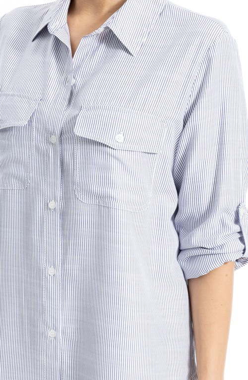 Max Studio Stripe Roll Tab Button-up Utility Shirt In Blue