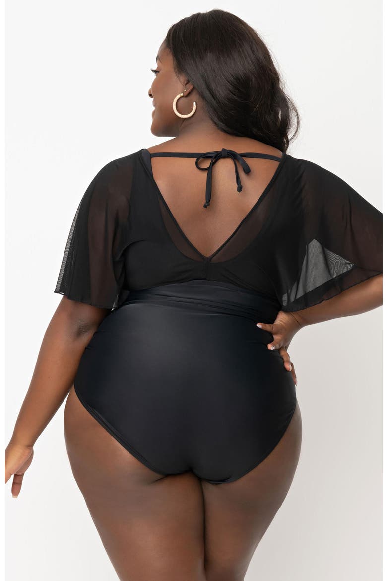 Plus Size Mesh Butterfly Sleeve Torrey One Piece Swimsuit, Alternate, color, Black