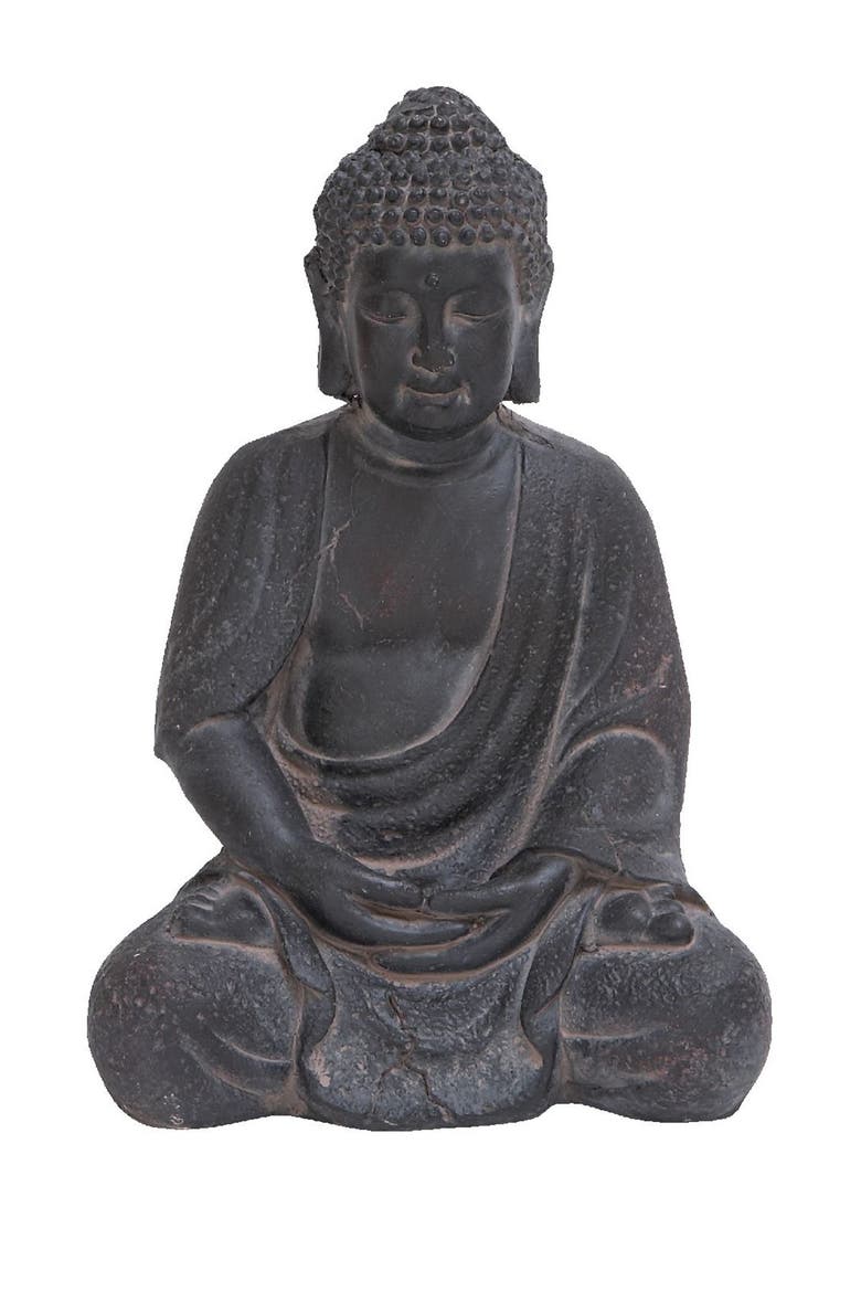 Gray Ceramic Meditating Buddha Sculpture with Engraved Carvings & Relief Detail, Main, color, GREY
