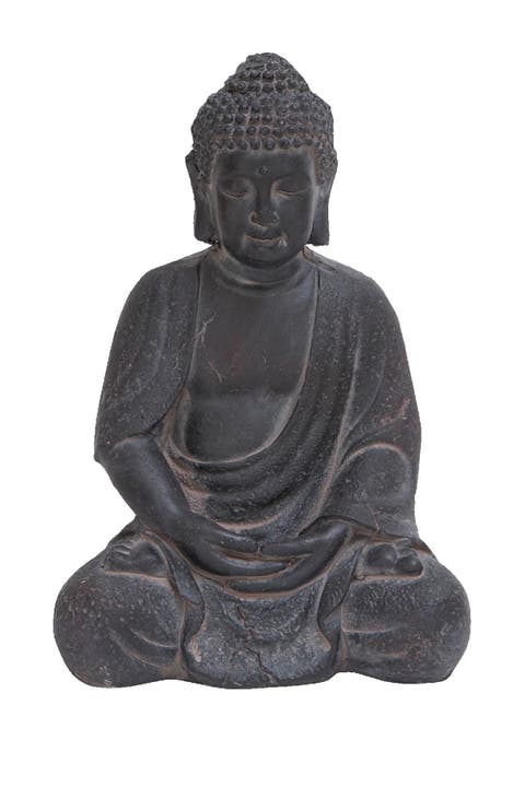 Gray Ceramic Meditating Buddha Sculpture with Engraved Carvings & Relief Detail