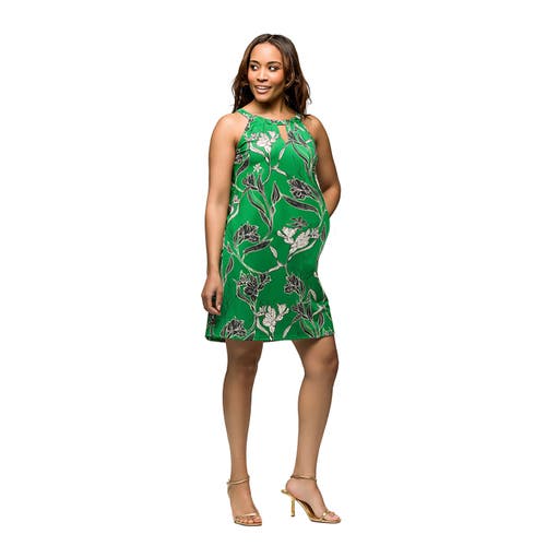 24seven Comfort Apparel Knee Length Green Floral Print Sleeveless Keyhole Dress