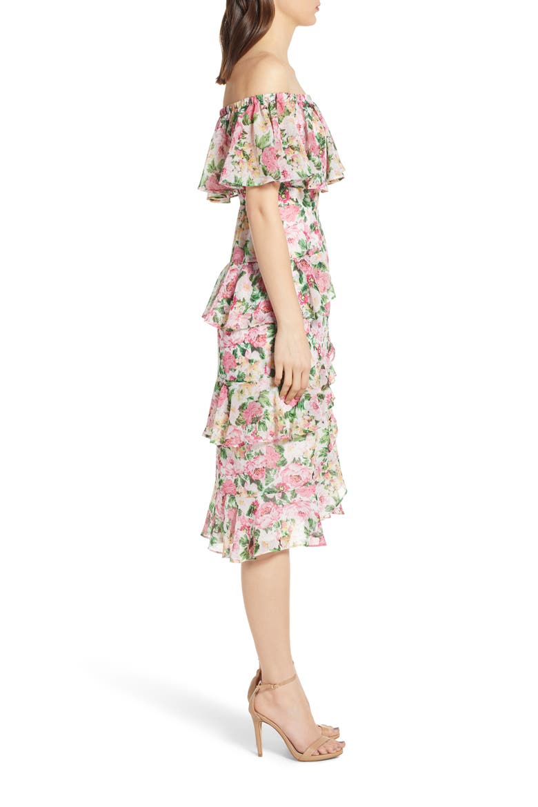 Off the Shoulder Midi Dress, Alternate, color, IVORY PINK ROSE PRINT