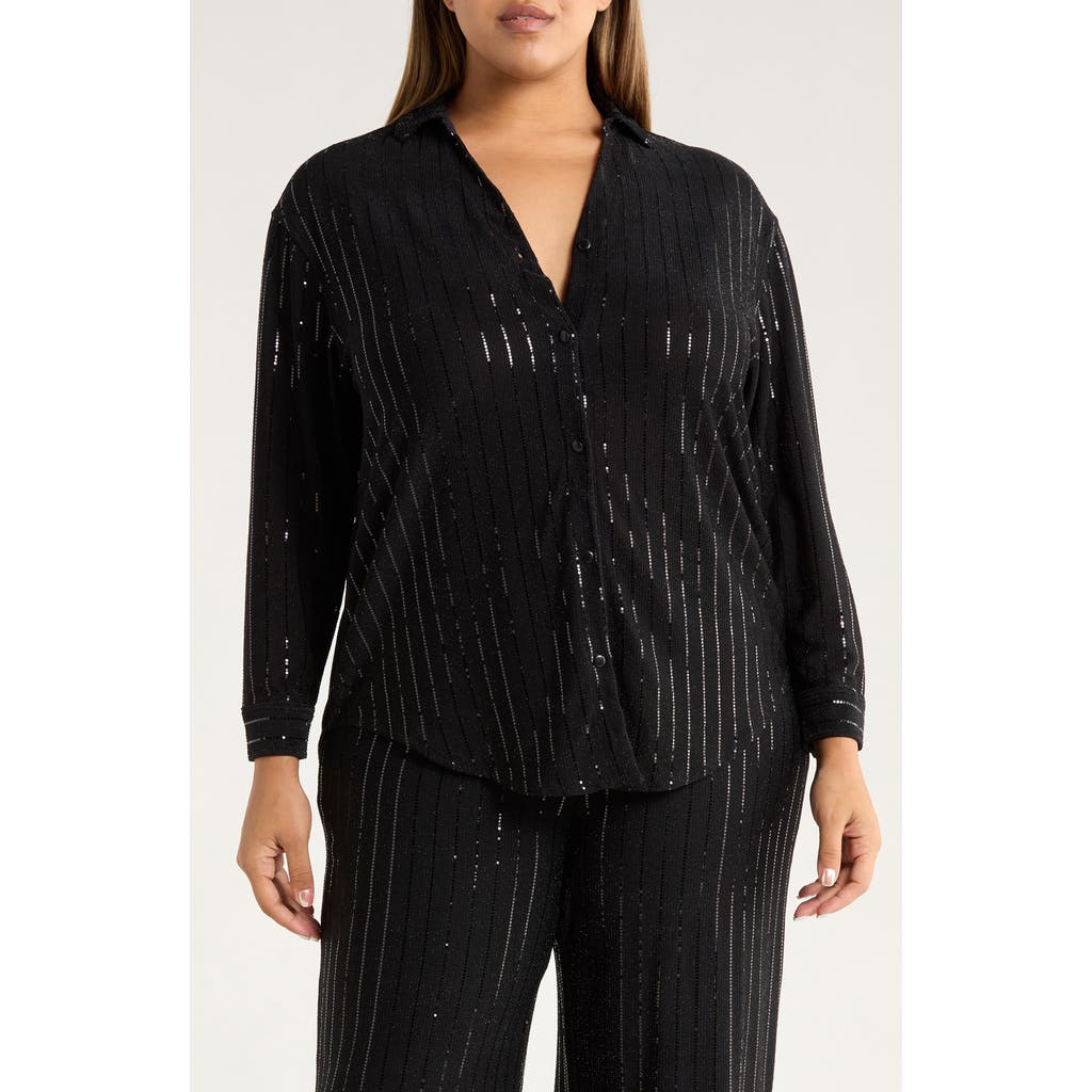 Anne Klein Plus Size Sequin Pinstripe Drop-shoulder Tunic Shirt In Black