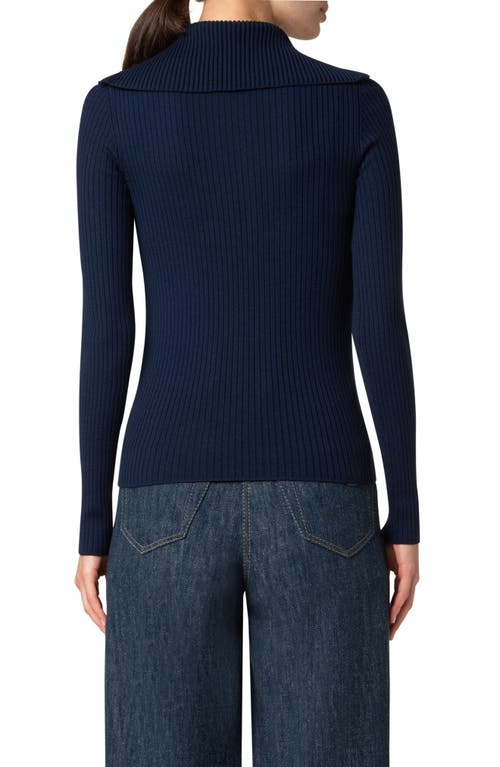 Akris Punto Convertible Collar Merino Wool Rib Sweater In Navy