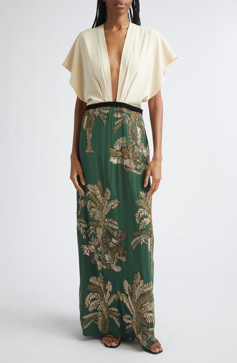 Johanna Ortiz Night Steps Plunge Neck Silk Blend Maxi Dress, Main, color, Ecru / Green
