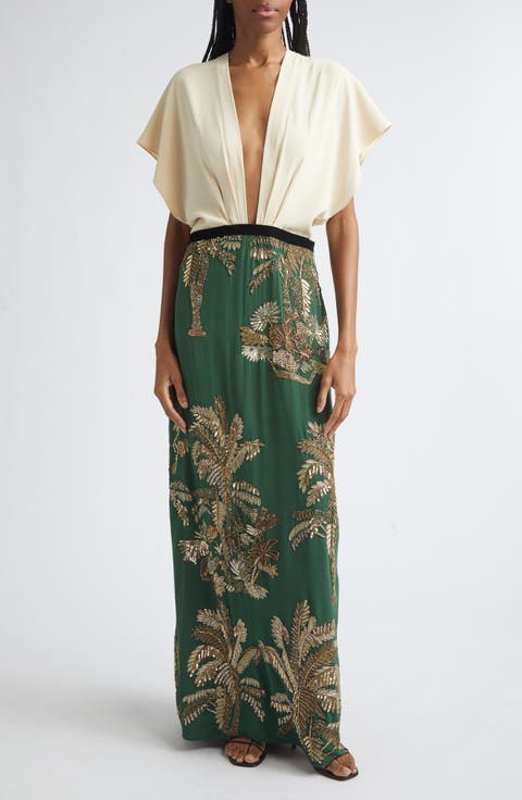 Night Steps Plunge Neck Silk Blend Maxi Dress