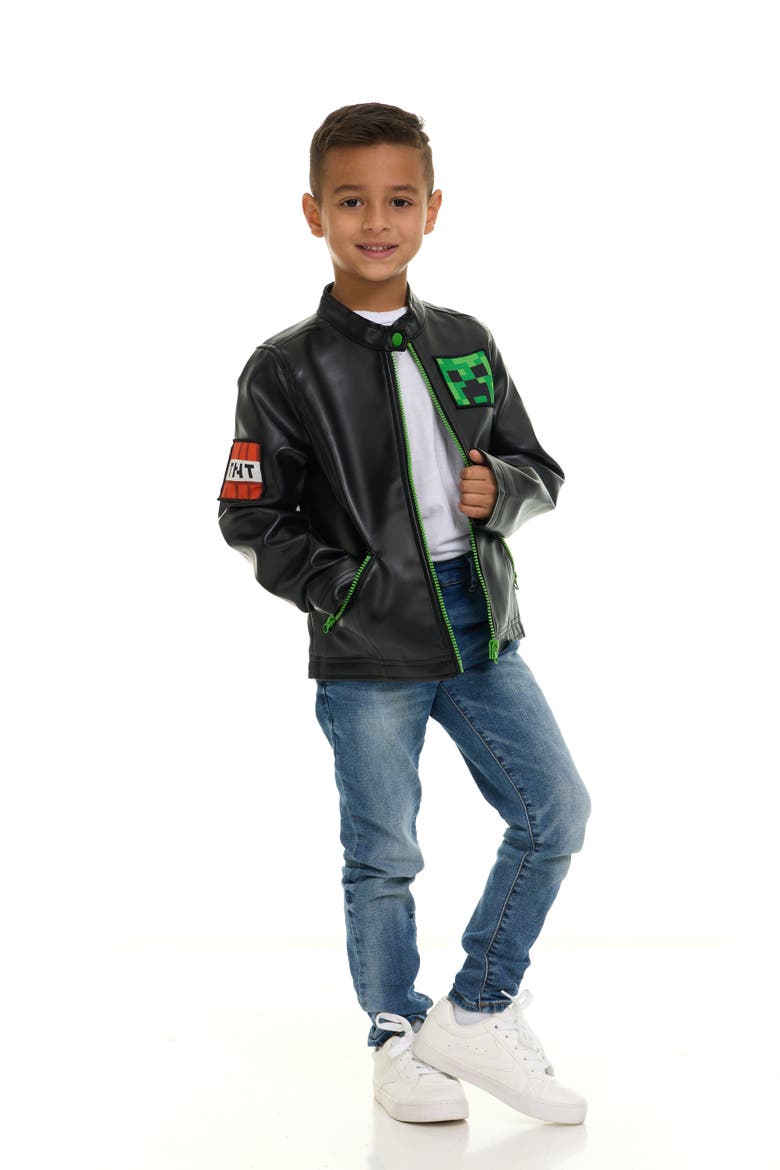 Creeper Zip-up Leather Jacket (little Kid & Big Kid), Alternate, color, Black Green Creeper