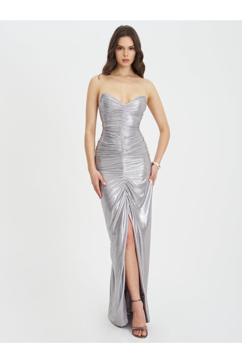 Sable Ruched Glitter Mermaid Gown, Main, color, Silver
