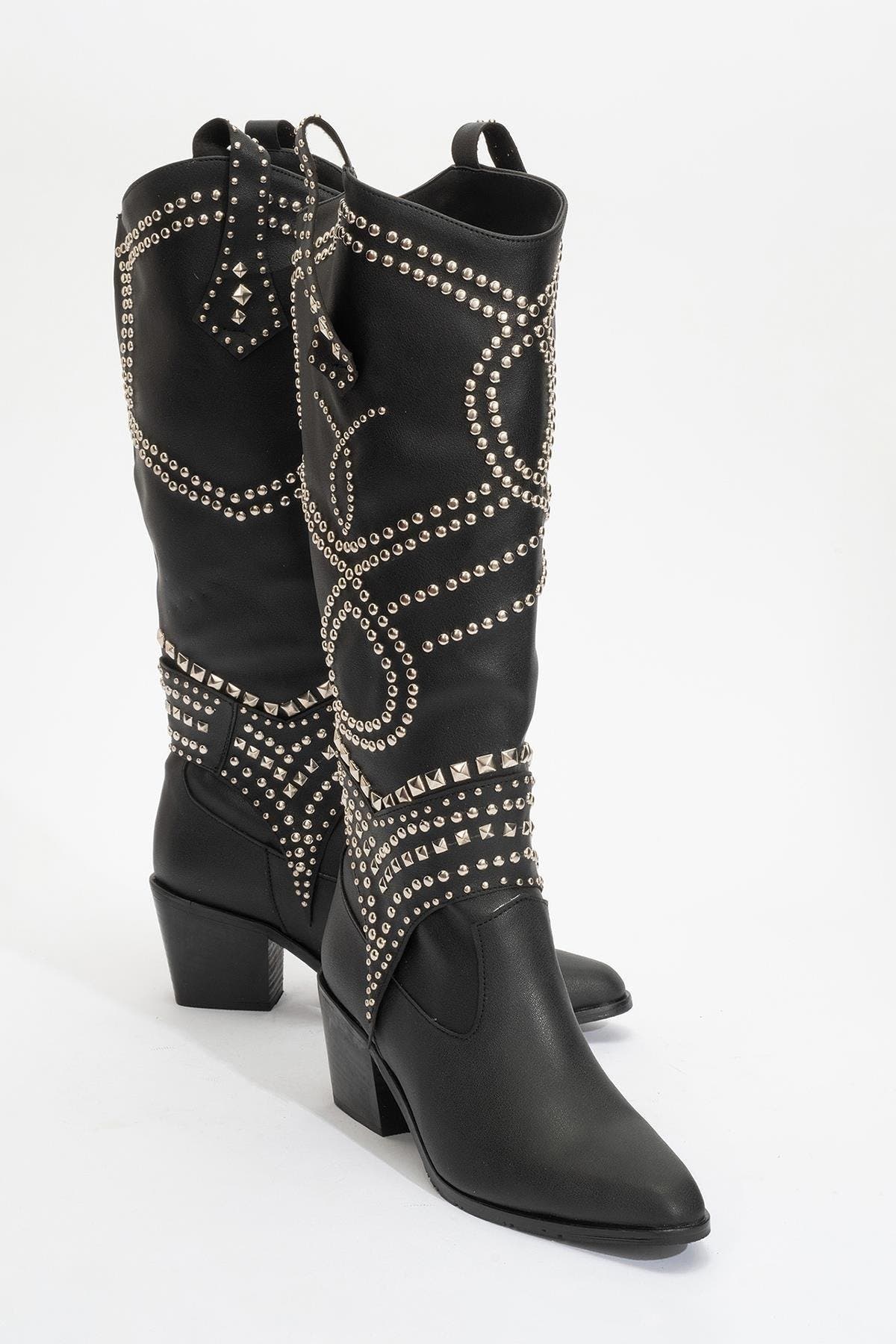 Prologue Shoes Draga Studded Block Heel Knee High Boot, Main, color, 
