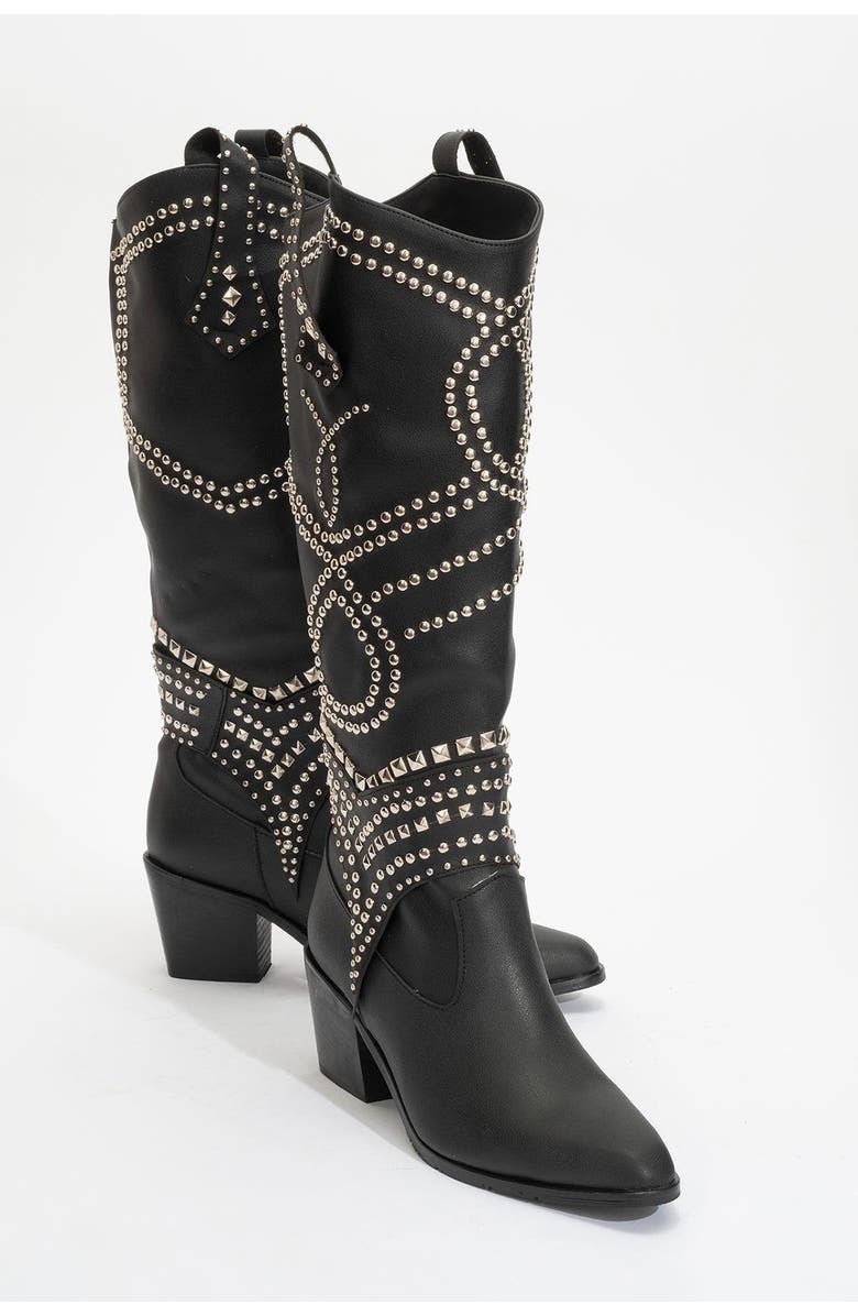 Prologue Shoes Draga Studded Block Heel Knee High Boot, Main, color,