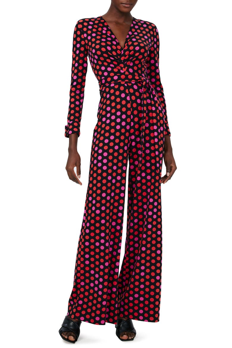 Rose Marie Print Tie Waist Long Sleeve Jumpsuit, Main, color, MAGIC DOT BERRY RED