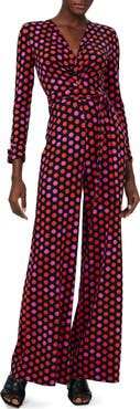 Diane von Furstenberg Rose Marie Print Tie Waist Long Sleeve Jumpsuit