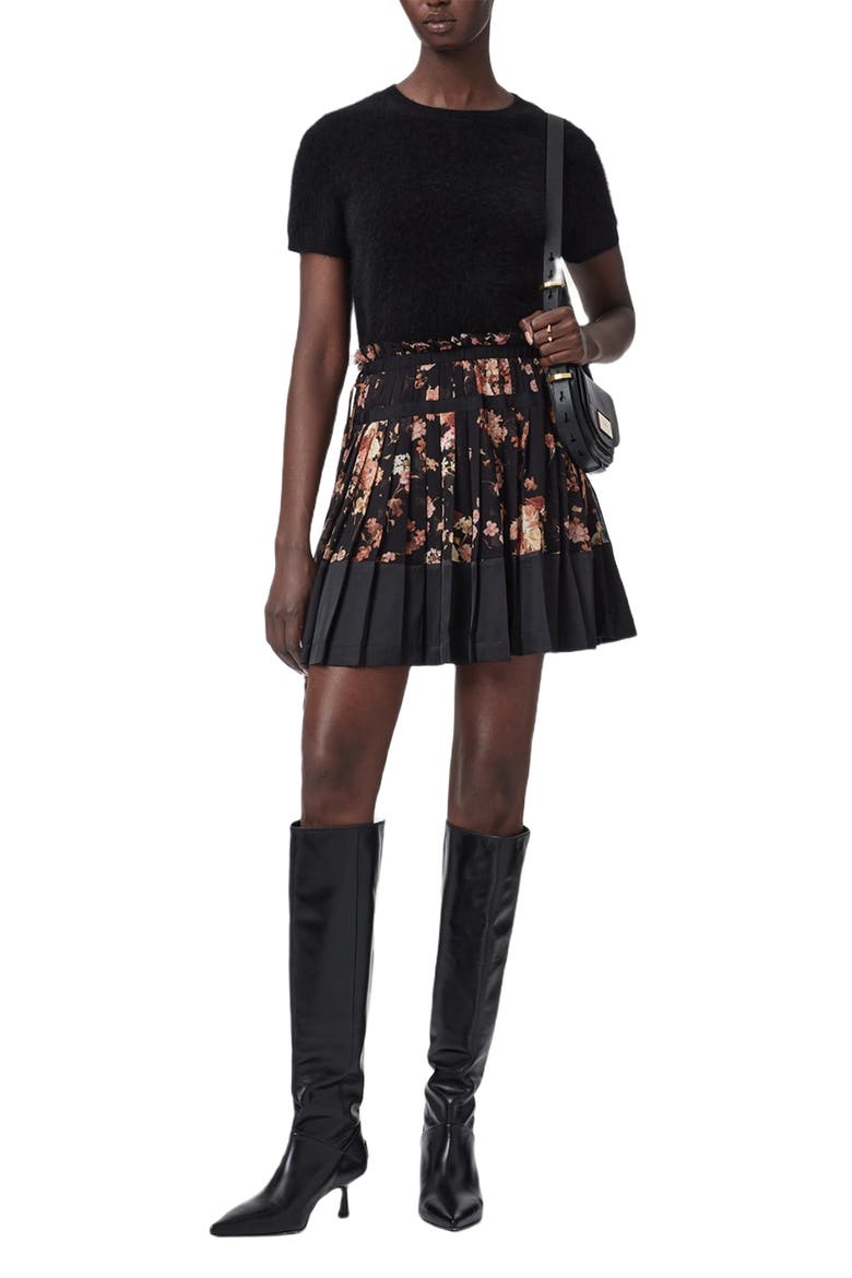 Elara Floral Print Pleated Skirt, Alternate, color, ARMADA BLACK