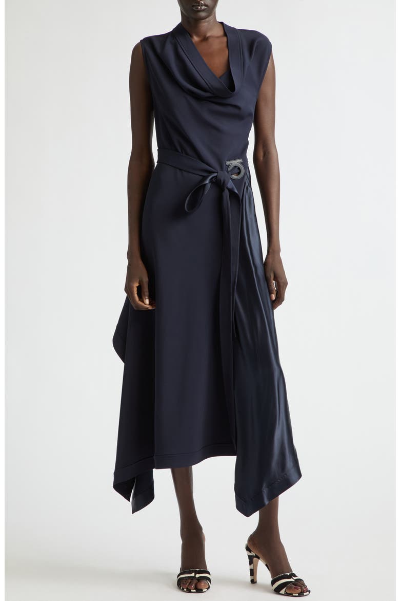 Asymmetric Cady & Satin Maxi Dress, Main, color, NEW NAVY