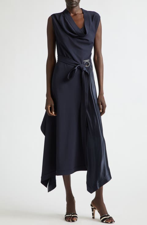 Asymmetric Cady & Satin Maxi Dress