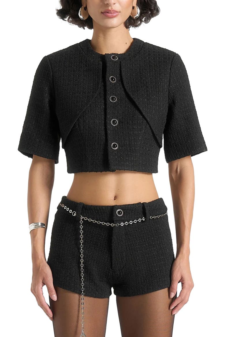 Alba Tweed Mock Neck Curve Detailing Top, Alternate, color, Black