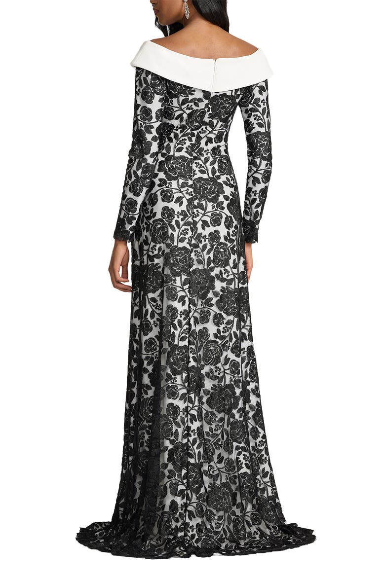 Embroidered Portrait Collar Long Sleeve Crepe Gown, Alternate, color, BLACK/ IVORY