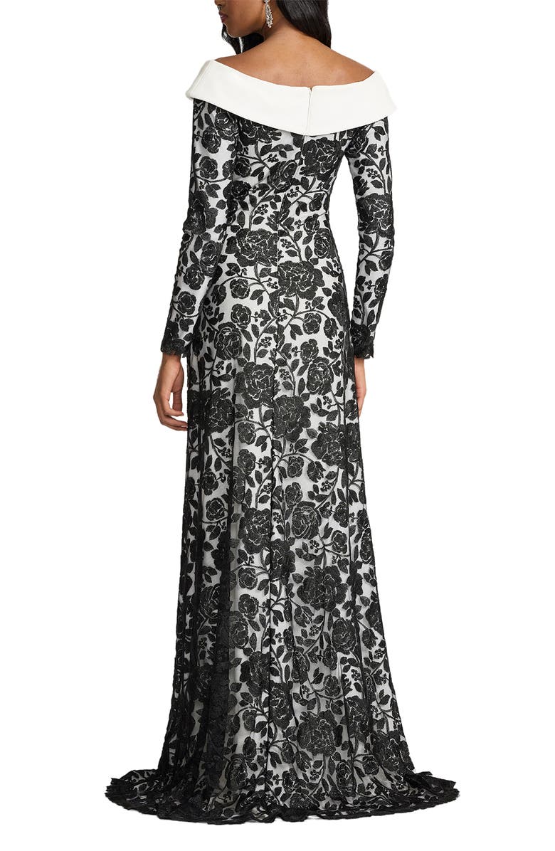 Tadashi Shoji Embroidered Portrait Collar Long Sleeve Crepe Gown, Alternate, color, Black/ Ivory