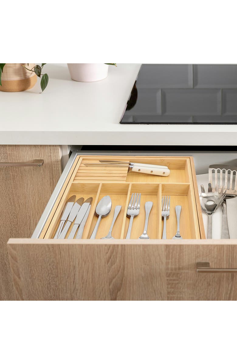 Megachef Adjustable Wood Drawer Storage and Organization Tray with Removable Knife Block, Alternate, color, Bamboo