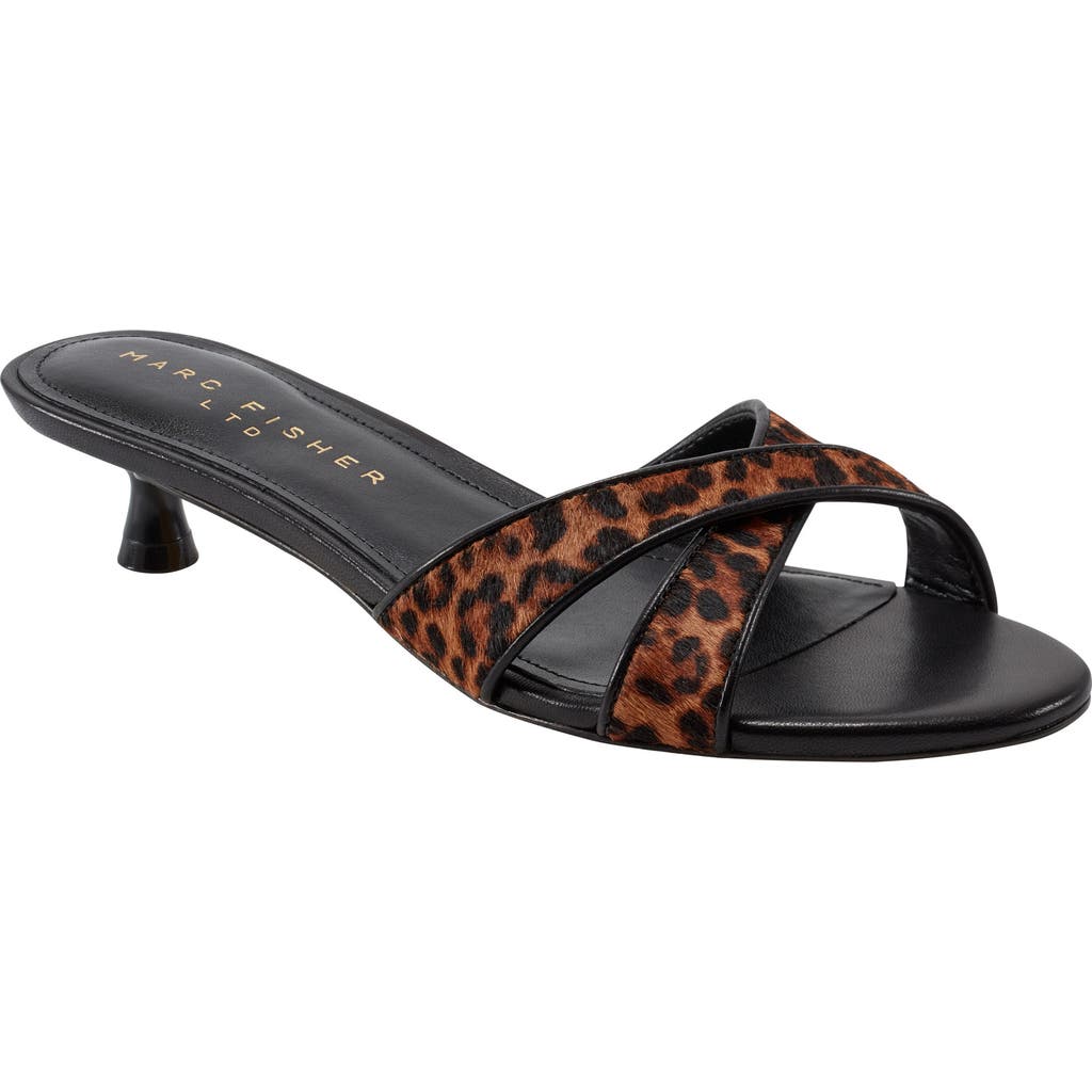 Marc Fisher Ltd Tracey Leopard Calf Leather Kitten-heel Sandals In Black