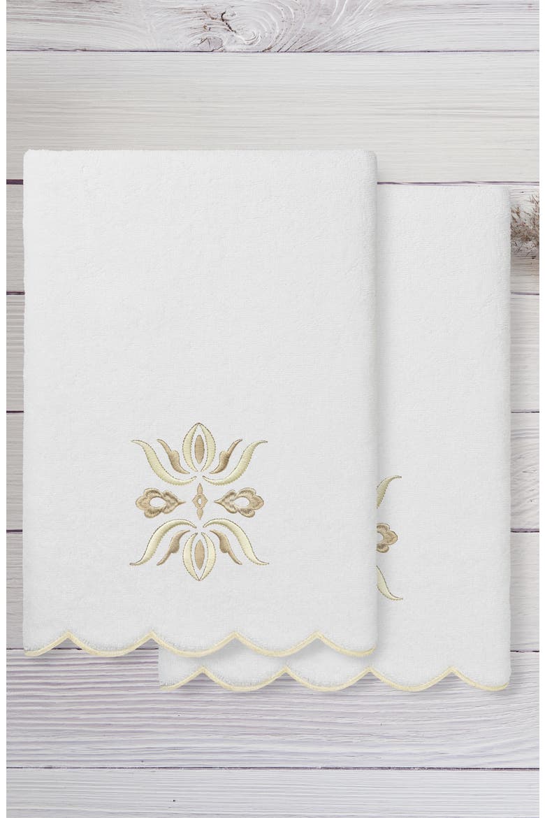 Flower Crest Scallop 2-Piece Bath Towel Set, Alternate, color, WHITE/ BEIGE
