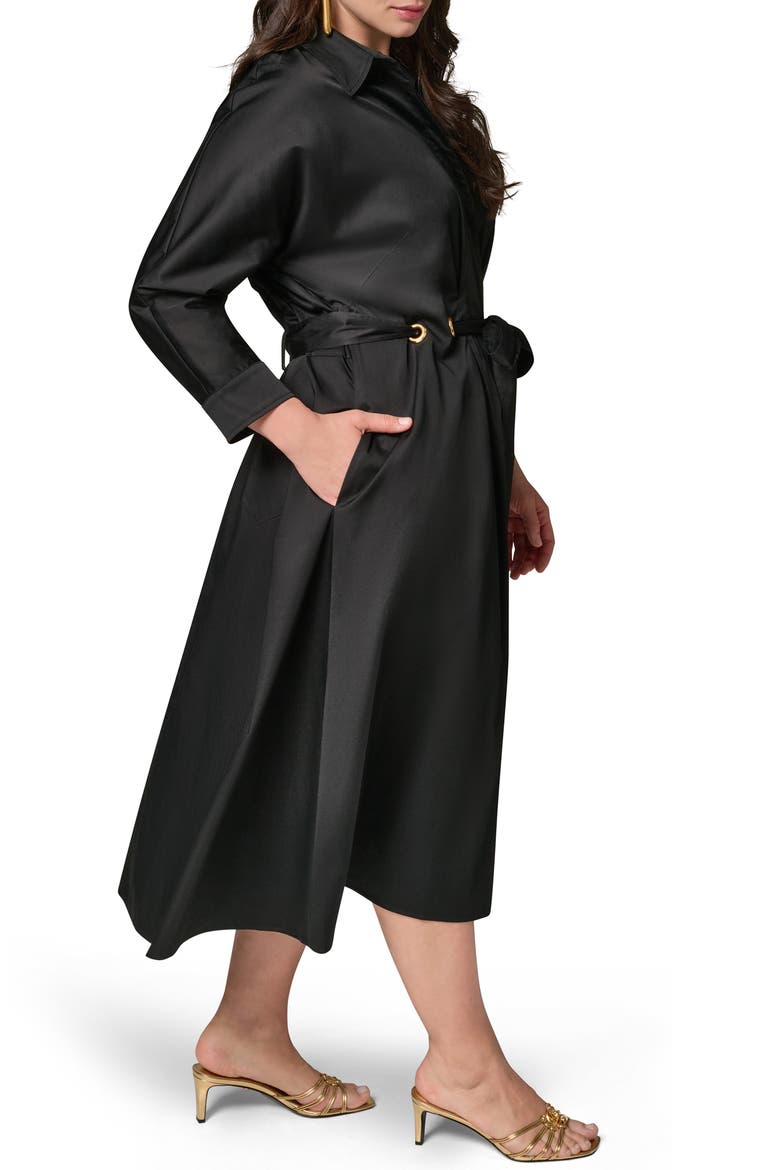 Drawstring Waist Stretch Midi Shirtdress, Alternate, color, BLACK