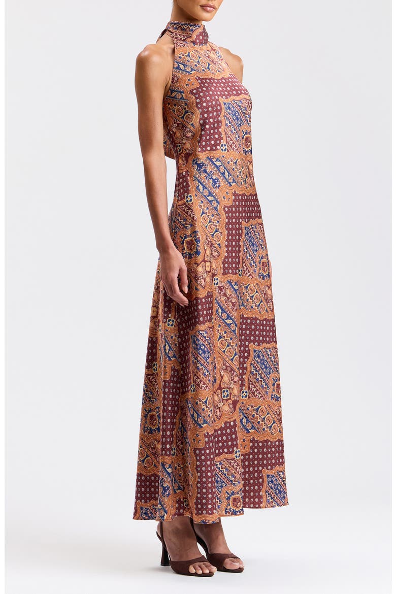 Scarf Print Halter Neck Satin Maxi Dress, Alternate, color, COGNAC MEDALLION SCA
