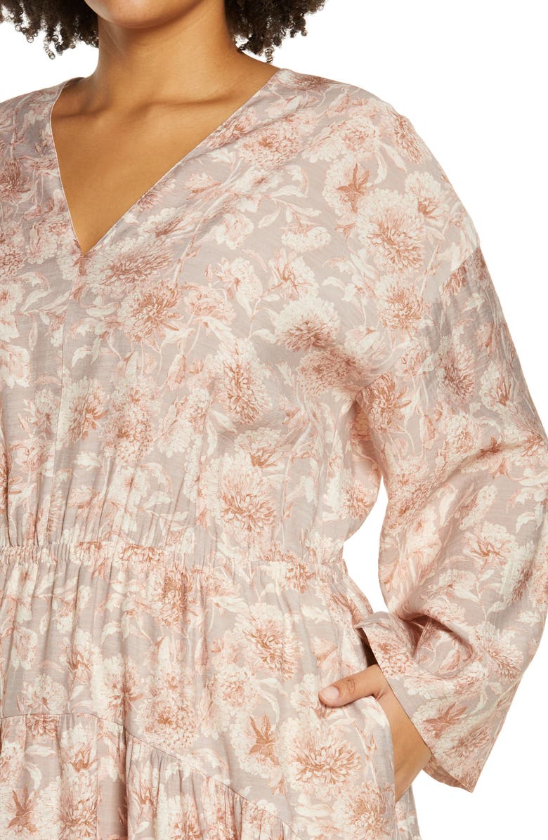 Vince Dahlia Print Long Sleeve Midi Dress, Alternate, color, Lotus Shell