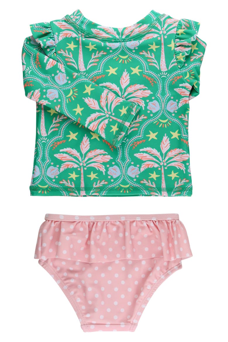 Kids' Coconut Cabana Ruffle Long Sleeve Two-Piece Rashguard Swimsuit, Alternate, color, GREEN