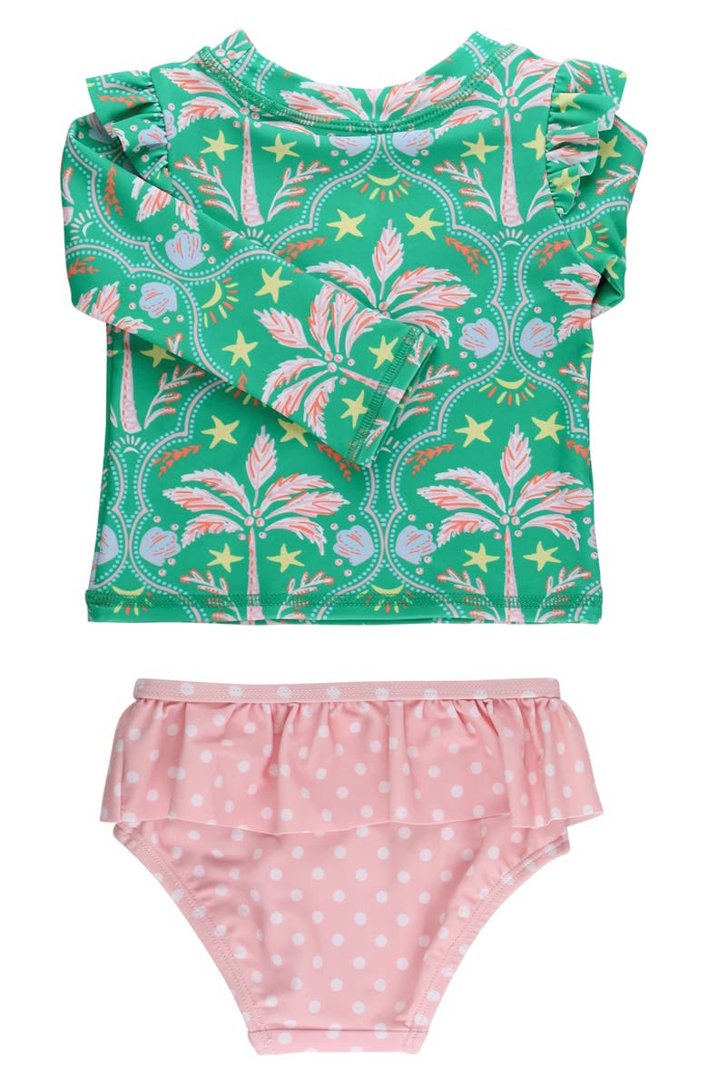 RuffleButts Kids' Coconut Cabana Ruffle Long Sleeve Two-Piece Rashguard Swimsuit, Alternate, color, Green