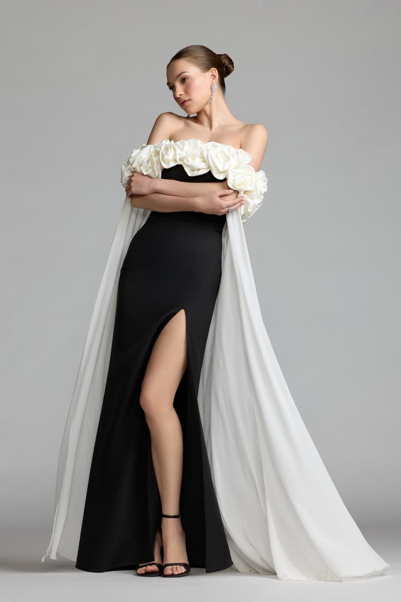 Off The Shoulder Crepe Gown With Chiffon Cape, Alternate, color, Black Ivory