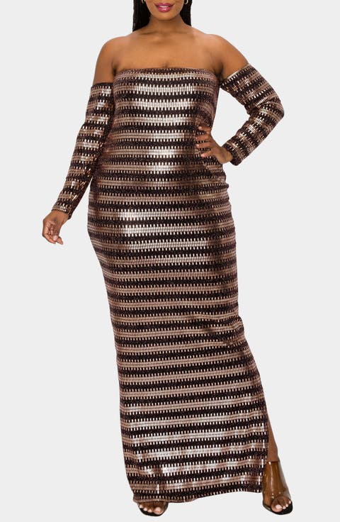 Temptations Sequin Off the Shoulder Long Sleeve Maxi Dress (Plus)