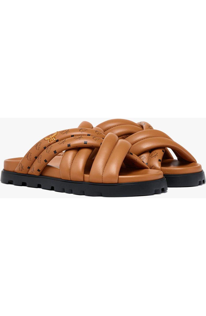 MCM Monogram Print Cross Sandals in Lamb Leather, Main, color, Cognac