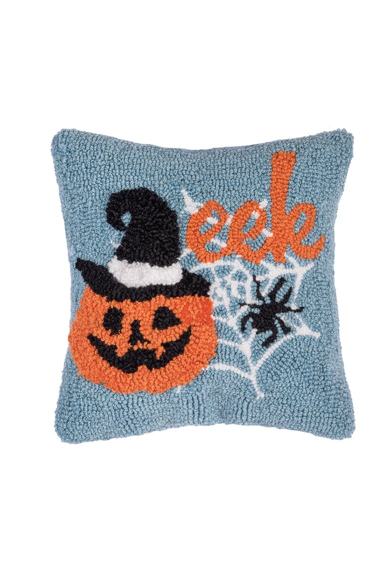 Witch Hat on Jack O' Lantern "Eek" Mini Hooked Halloween Accent Pillow 12" x 12", Main, color, Blue