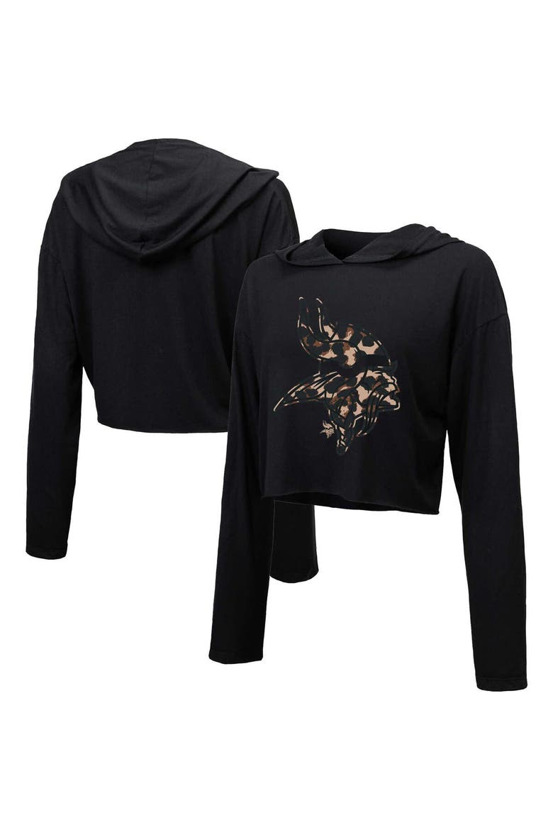 Women's Majestic Threads Black Minnesota Vikings Leopard Cropped Pullover Hoodie, Main, color, Black
