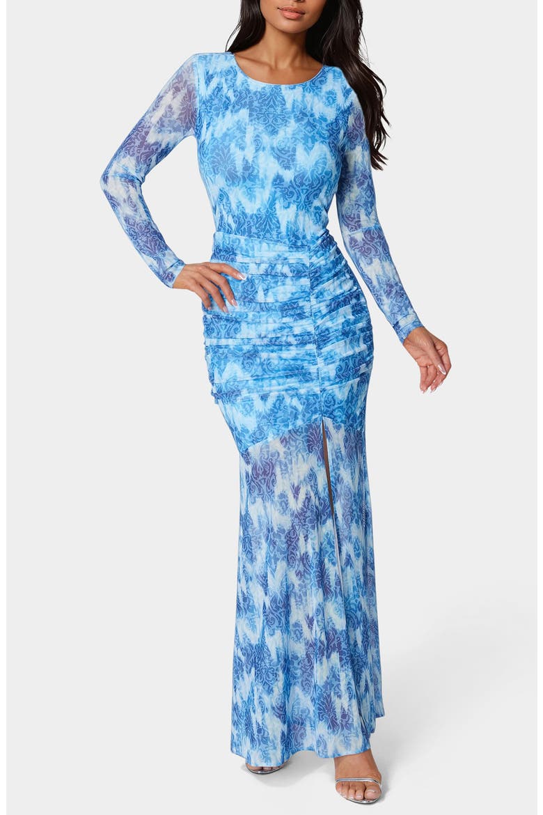 Floral Long Sleeve Mesh Mermaid Gown, Main, color, LIGHT BLUE