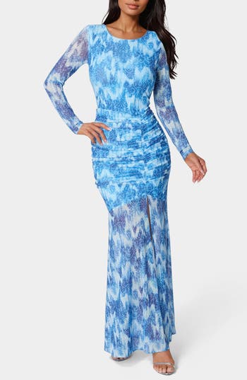 Bebe Floral Long Sleeve Mesh Mermaid Gown In Blue