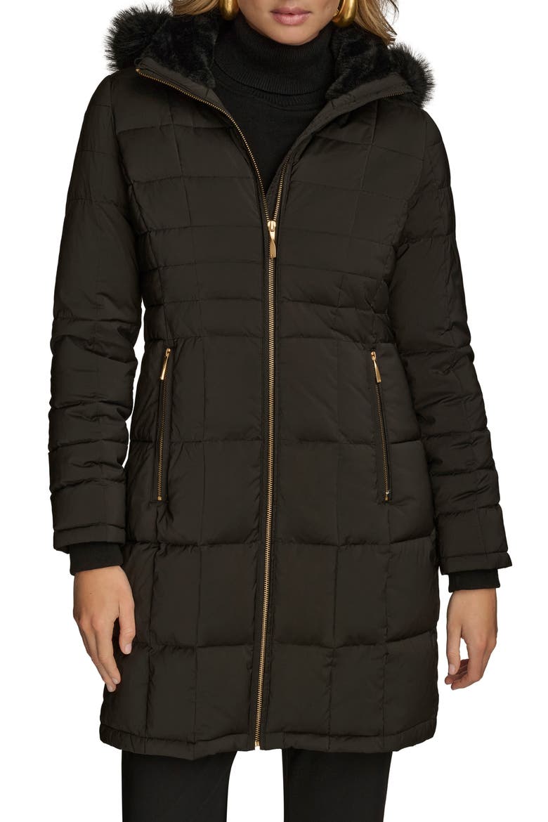 Water Resistant Puffer Coat with Faux Fur Trim, Main, color, BLACK