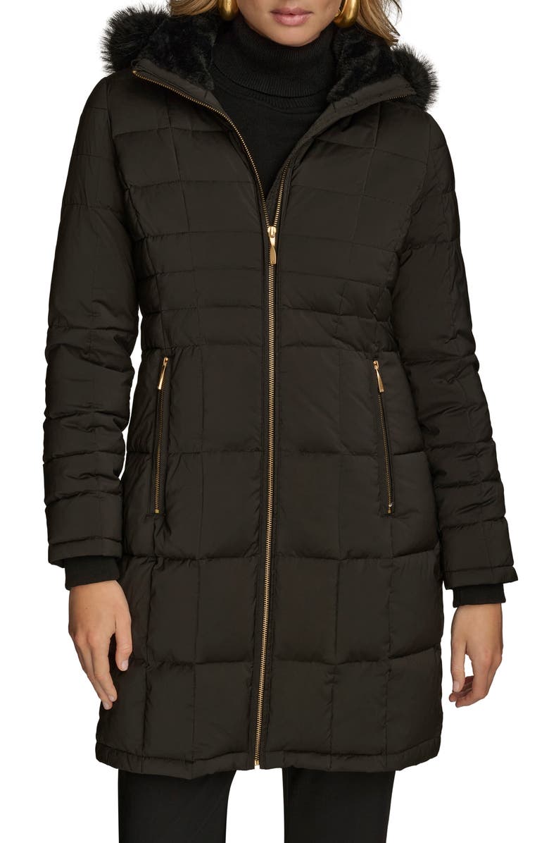 Donna Karan New York Water Resistant Puffer Coat with Faux Fur Trim, Main, color, Black