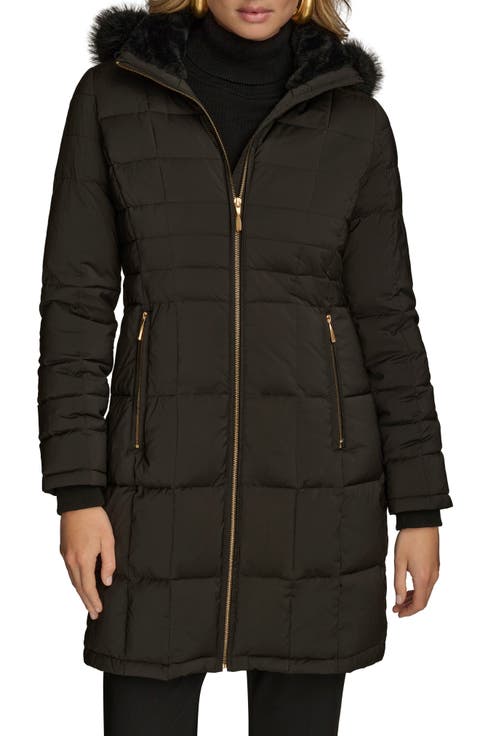 Water Resistant Puffer Coat with Faux Fur Trim