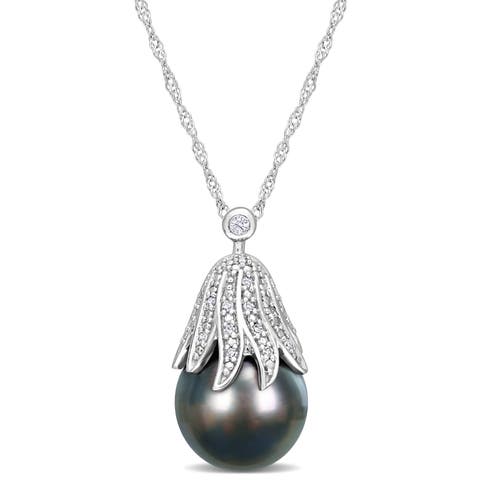 Cultured Pearl & Diamond Floral Necklace 14k