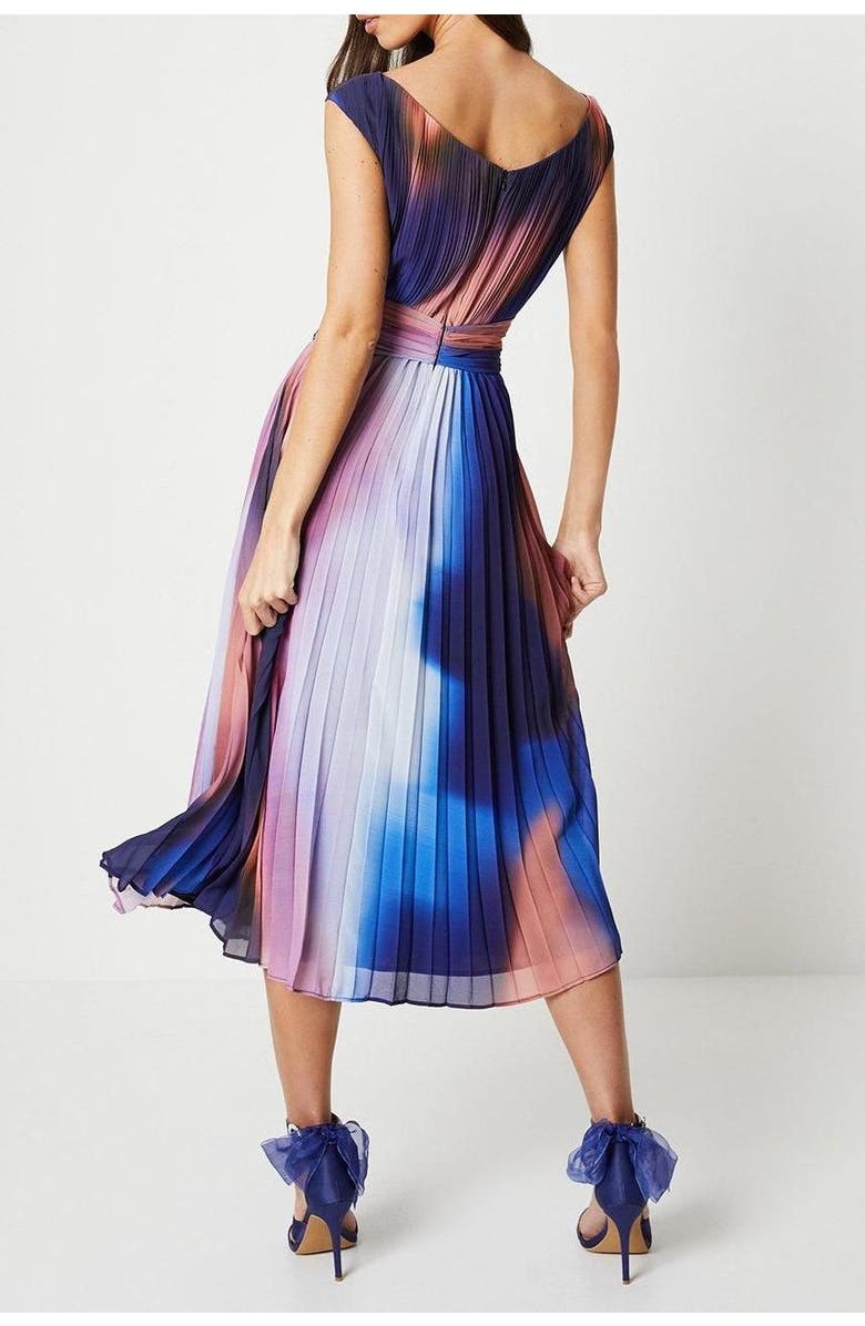 Coast Printed Pleated V-Neck Midi Dress, Alternate, color, Multi