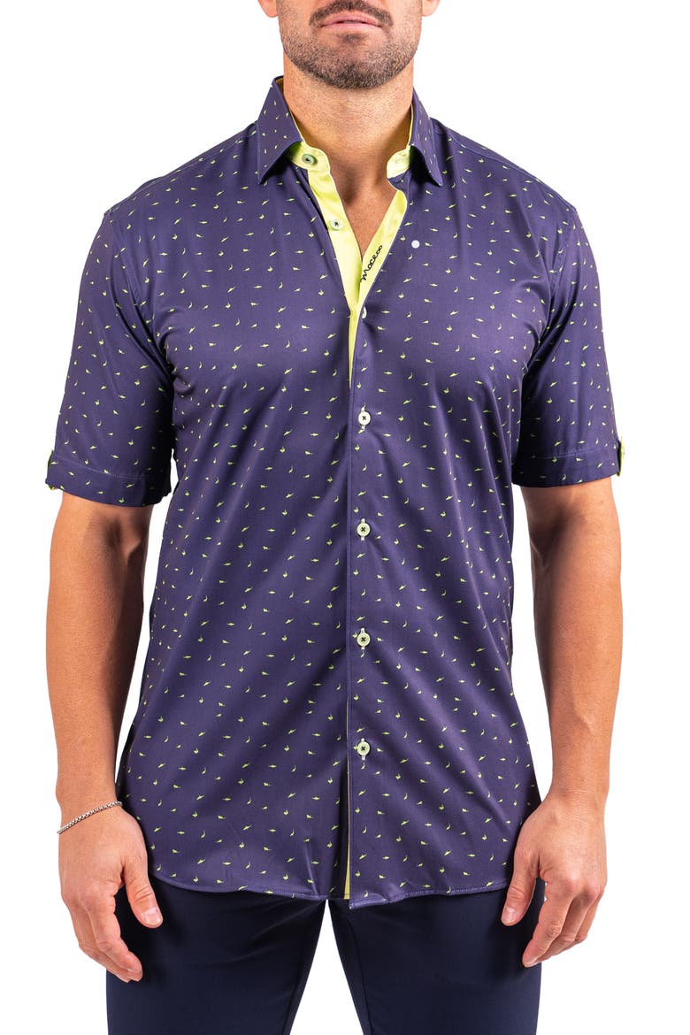Galileo Resistance Shark Print Short Sleeve Button-Up Shirt, Main, color, BLUE