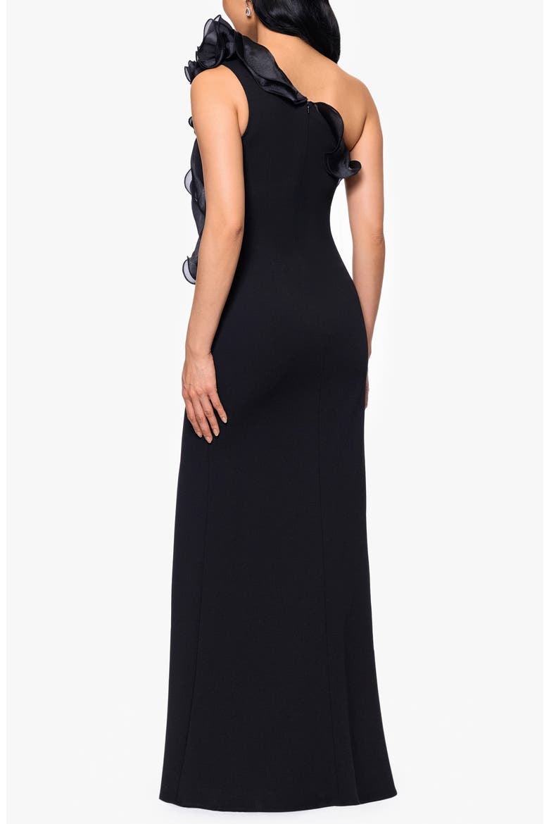 Organza Ruffle One-Shoulder Scuba Crepe Gown, Alternate, color, BLACK