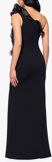Satin Ruffle Detail Strapless Scuba Crepe Corset Gown