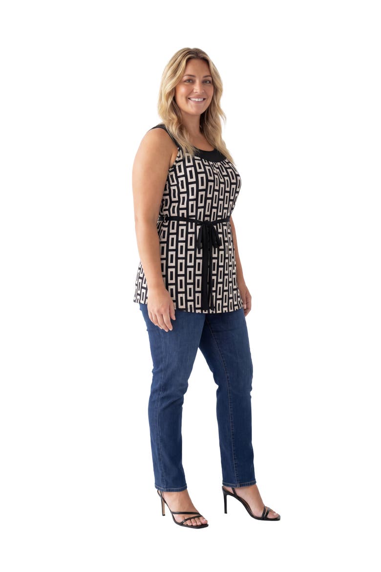 Curvy Essential Geometric Print Scoop Neck Sleeveless Waist Tie Top, Alternate, color, Black Multi