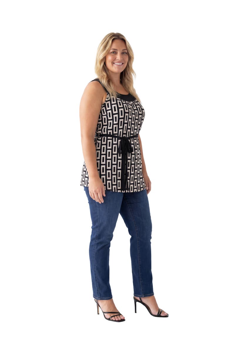 24seven Comfort Apparel Curvy Essential Geometric Print Scoop Neck Sleeveless Waist Tie Top, Alternate, color, Black Multi